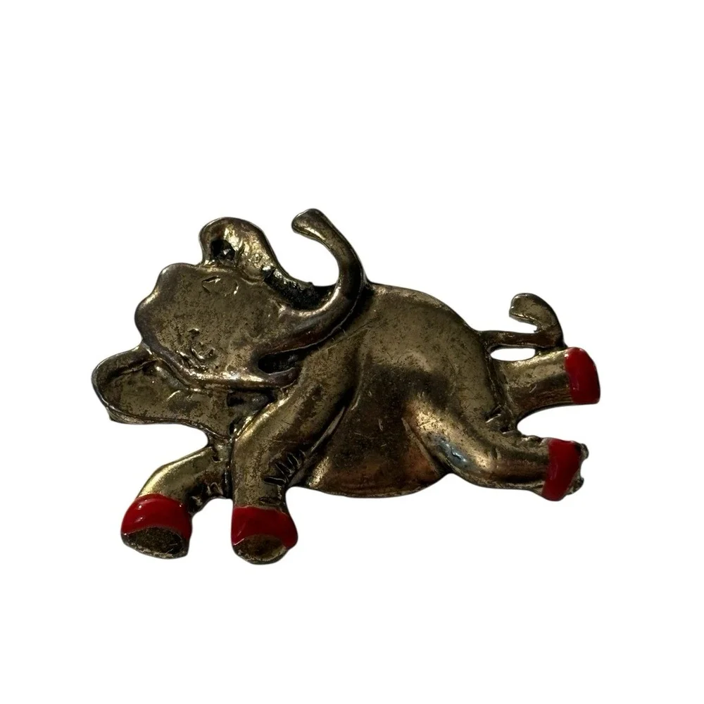 VTG Lazy Elephant Brooch Pin Gold Tone Red Enamel Shoes Figural Unique MCM Funny